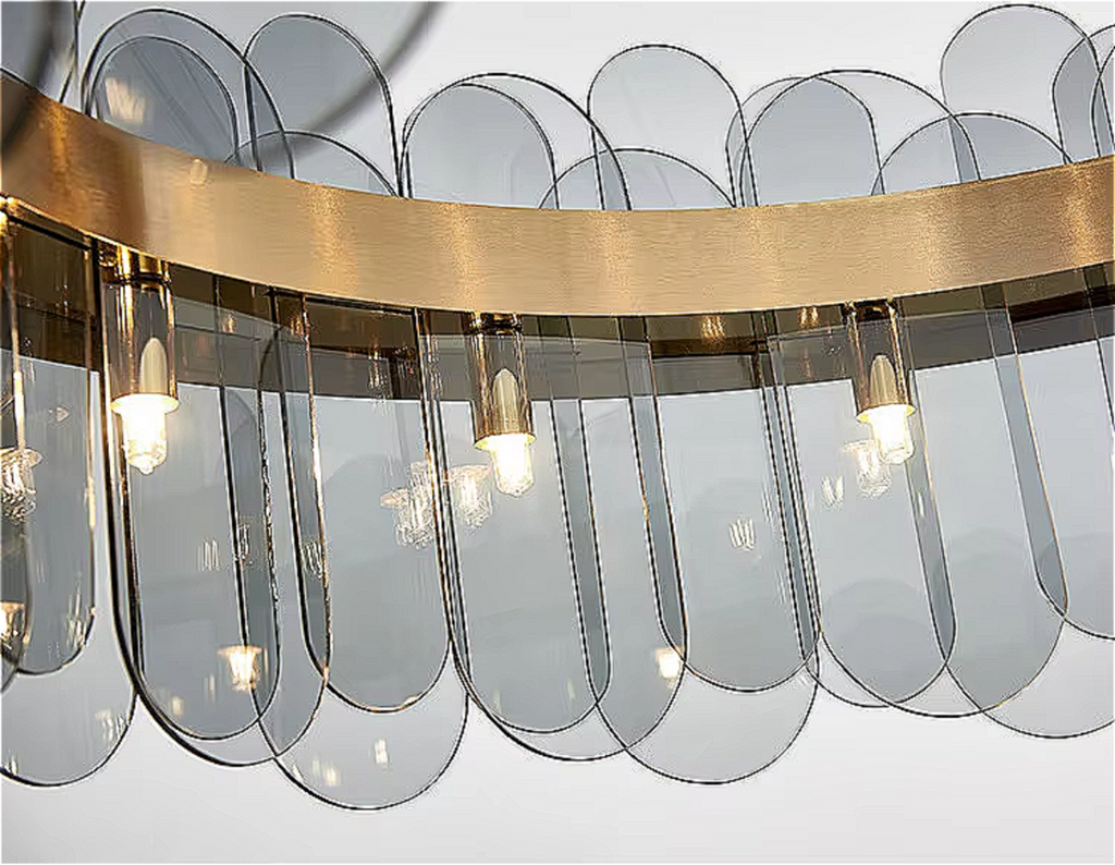 Close-up of LINKORI GLASSOLA chandelier highlighting high-quality curved grey glass leaves and elegant light diffusion.