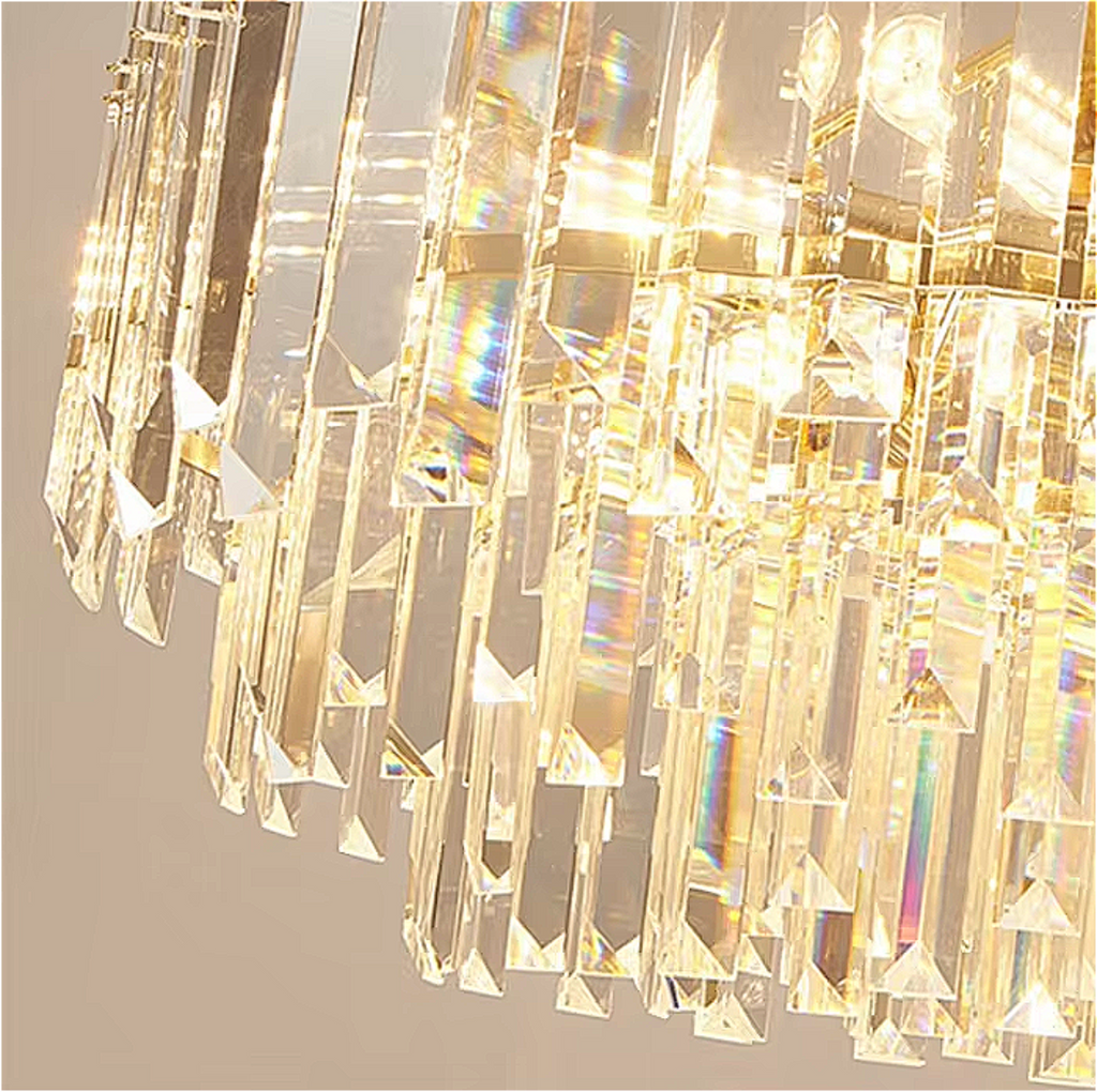 Close-up of three-tier K5 crystal prisms — precision-cut elongated bars with high sparkle for luxury dining room chandelier and modern glamour lighting | LINKORI WAPOLO detail view