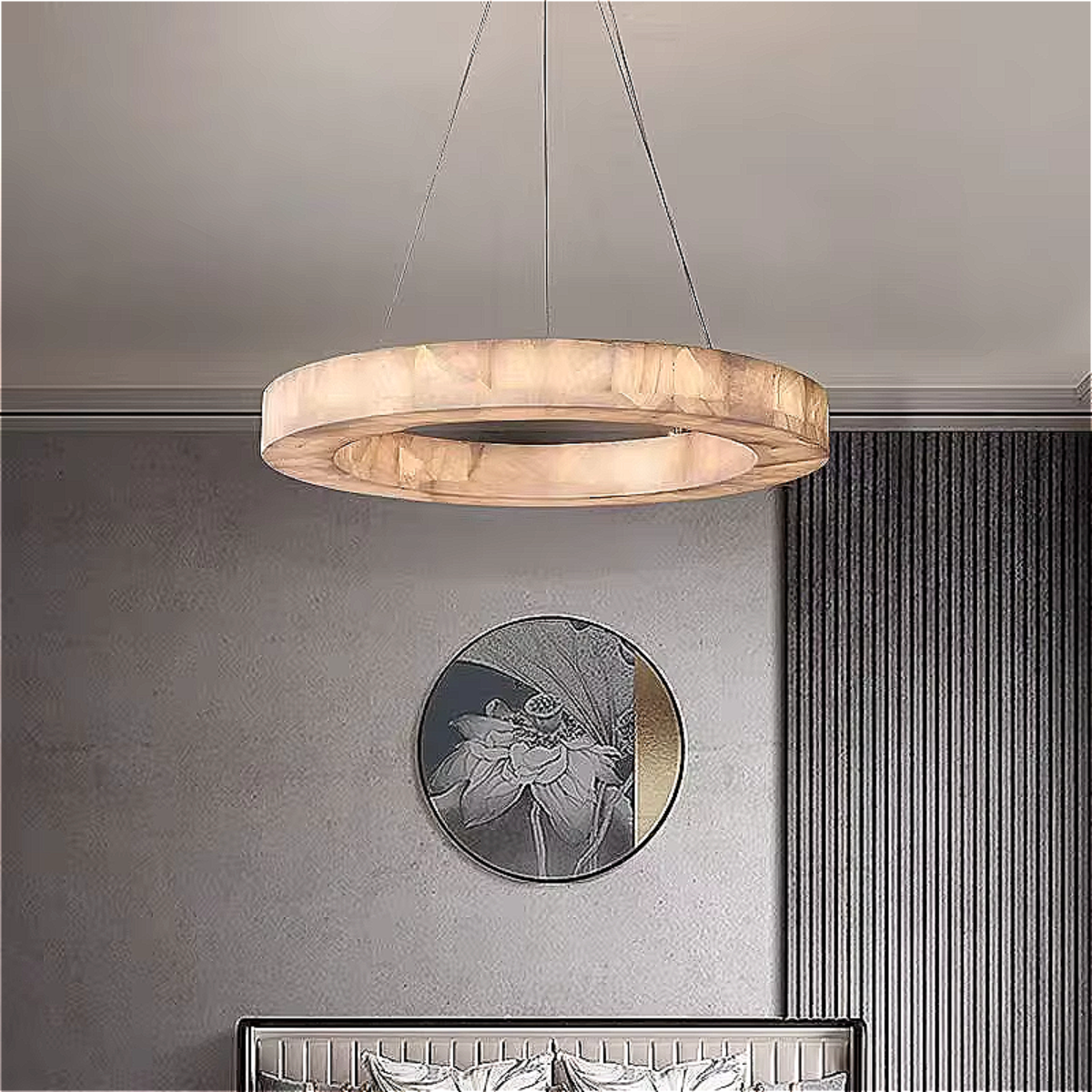 alabaster pendant light, marble ring chandelier in modern bedroom , warm white 3000K LED, adjustable height — LINKORI BASPEAQ