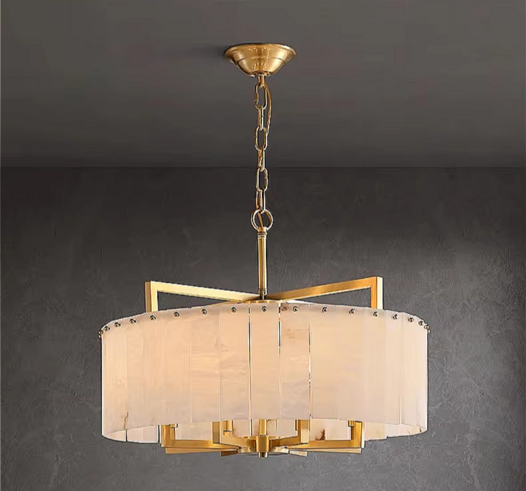 luxury alabaster chandelier with gold frame – sculptural round drum pendant for classic and contemporary spaces