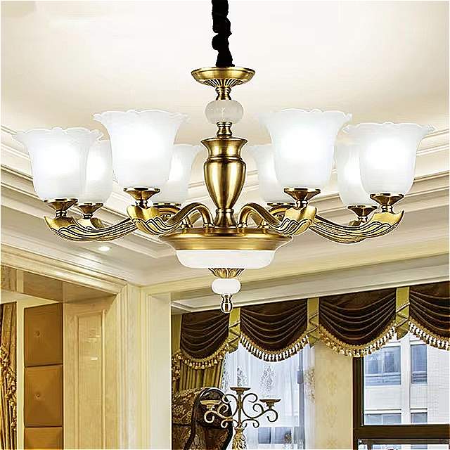 8-light version of LINKORI floral VROLLADO gold chandelier styled in an antique-themed living room