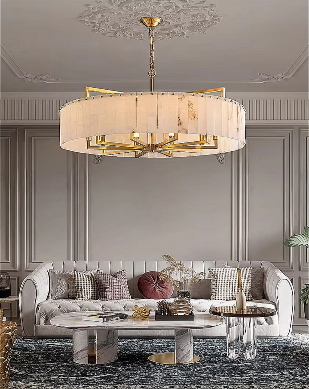 alabaster drum chandelier with gold accents – contemporary round pendant light for upscale dining interiors