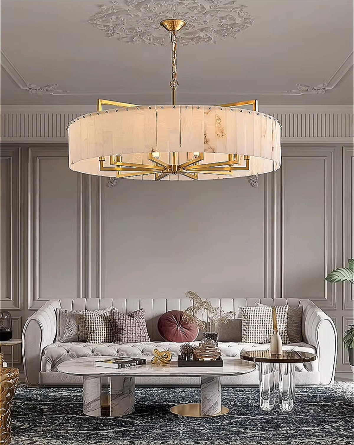 alabaster drum chandelier with gold accents – contemporary round pendant light for upscale dining interiors
