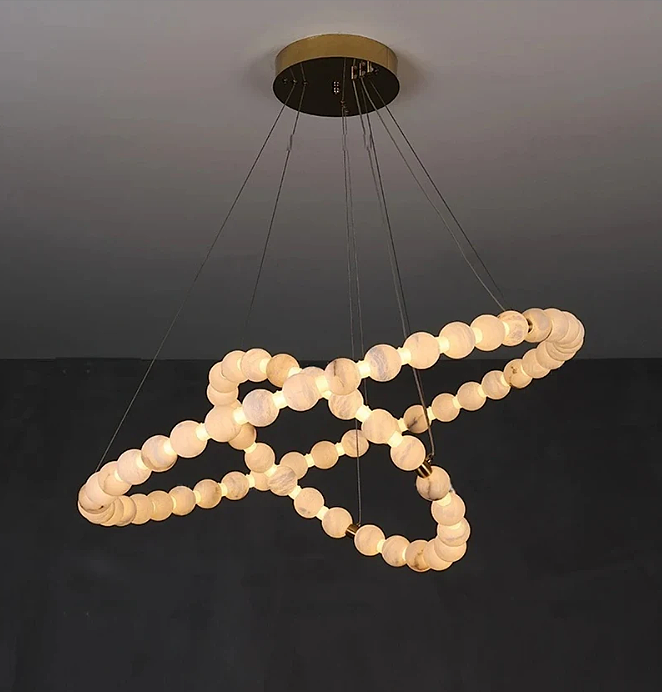 Luxury alabaster orb halo chandelier with soft warm LED illumination and architectural sculptural composition – Spatial Direction Curated by LINKORI