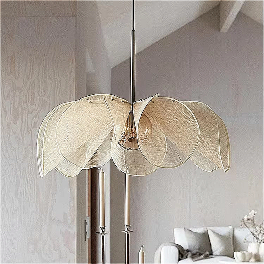 PETALIQ chandelier styled in modern Japandi living room – nature-inspired sculptural light softening the space | LINKORI PETALIQ Embrace