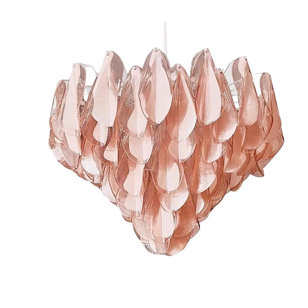 Sculptural pink Murano glass chandelier with hand-blown glass teardrop discs — a luxury pendant light for modern dining rooms and high-end interiors.