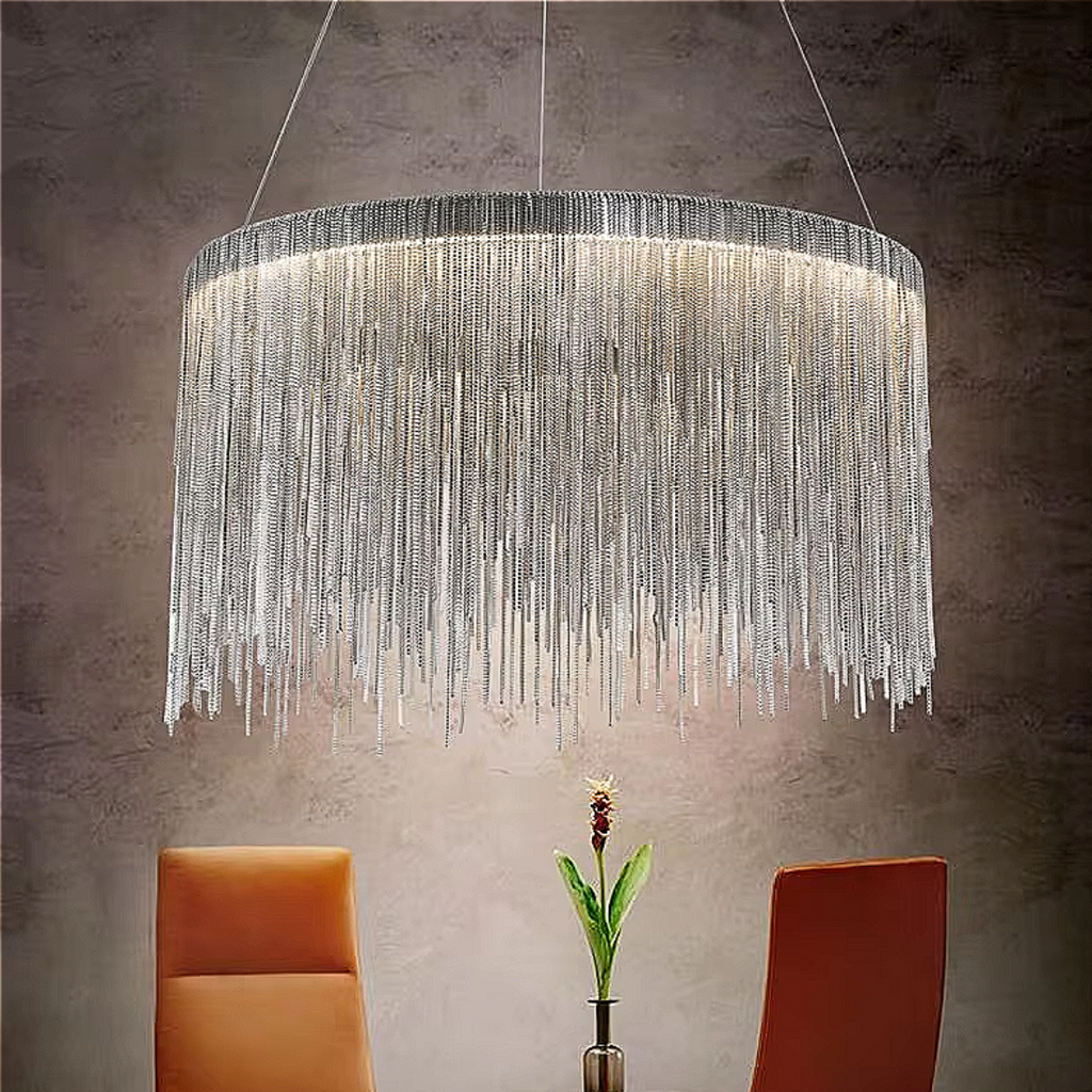 Modern Chain Chandelier – Polished Silver LED Pendant for Dining Room & Boutique Interiors