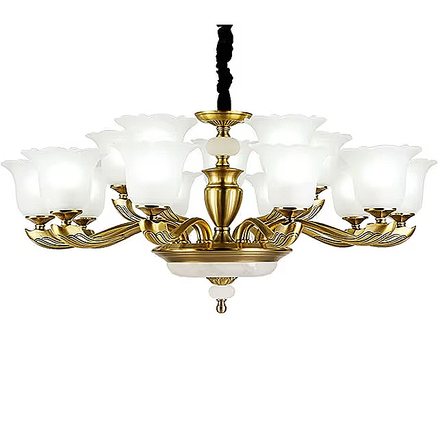 Antique gold chandelier with frosted tulip glass lights — full frontal product view | LINKORI VROLLADO