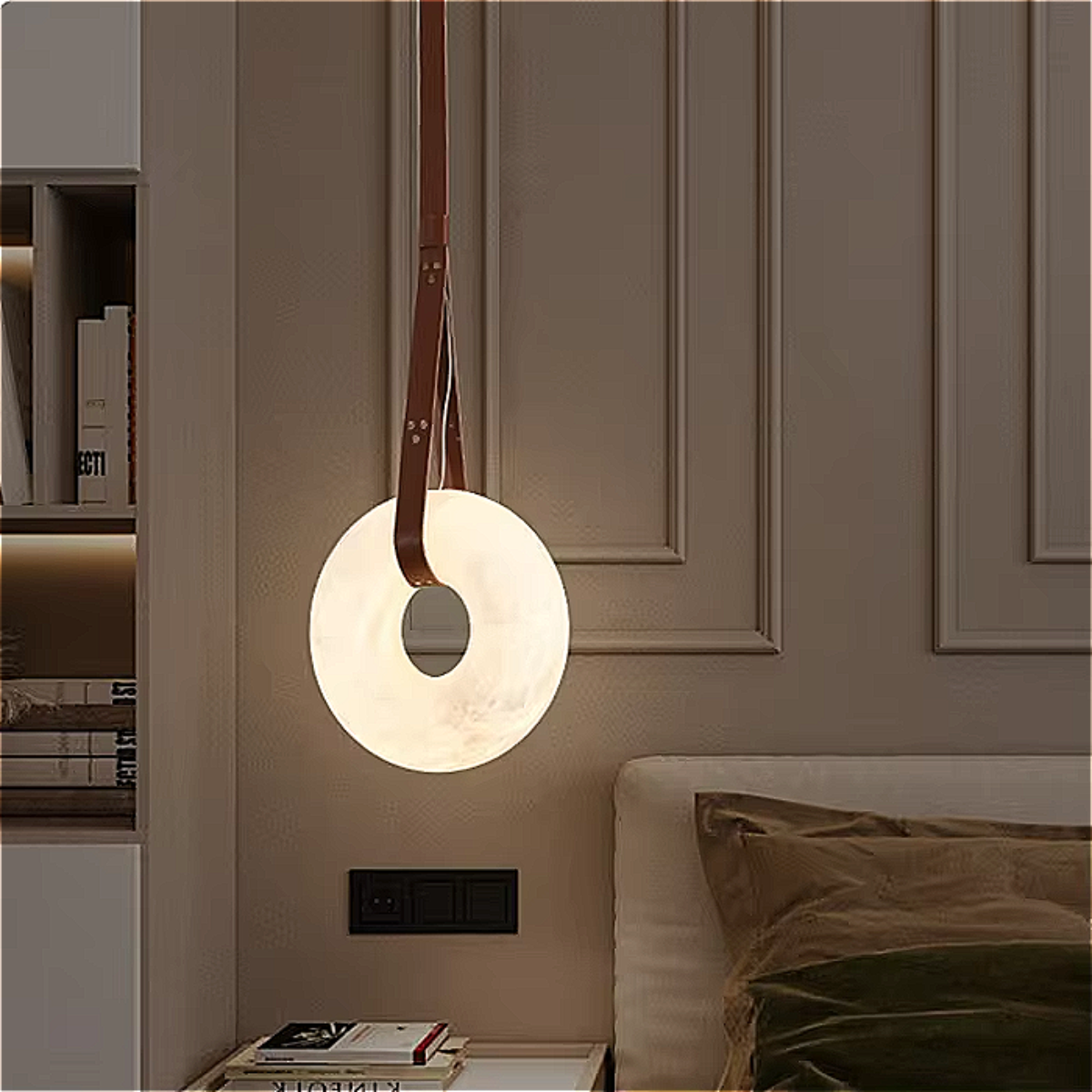 Neutral Bedroom Pendant Light – Marble Disc Chandelier with Leather Accents in Modern Interior