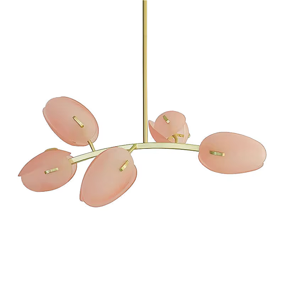 LINKORI TULLIA chandelier in soft pink Murano-style glass with brushed brass frame, featuring petal-like sculptural design.