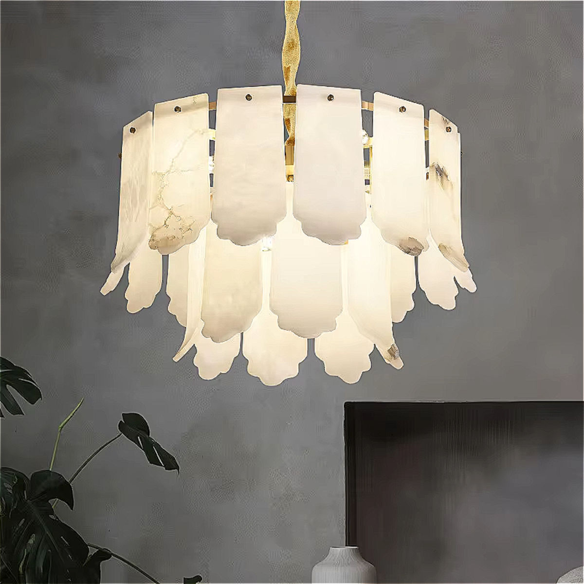 alabaster leaf chandelier with copper frame – designer round pendant light for contemporary dining and foyer spaces