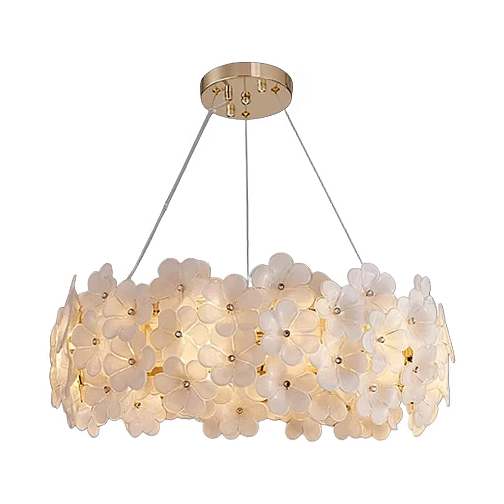 White floral glass chandelier with sculptural petals and soft gold frame – artistic statement pendant for bedroom and dining room | BLOSSORA.S by LINKORI