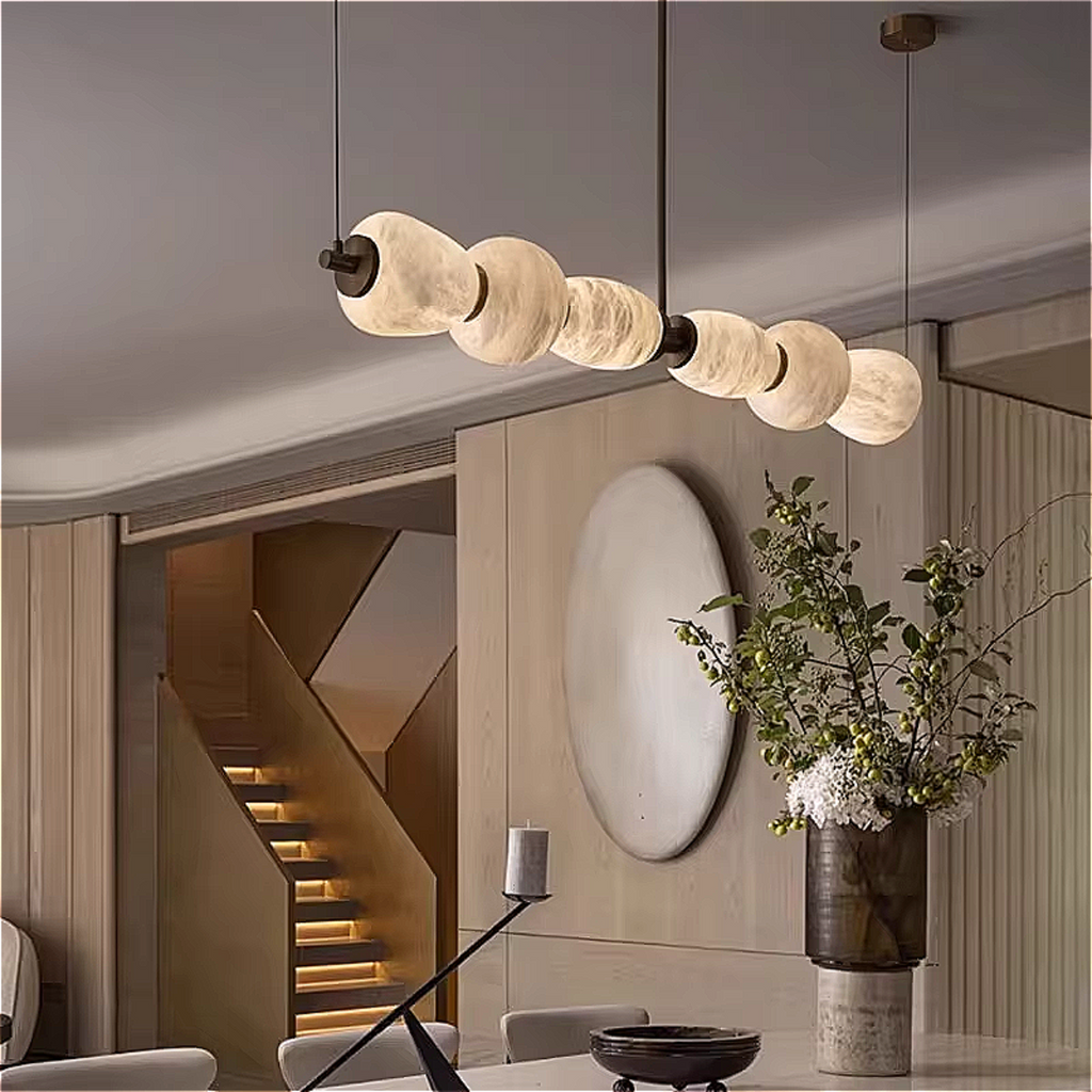 Luxury dining room chandelier in alabaster and copper, modern linear ceiling lighting fixture for upscale interiors – LINKORI