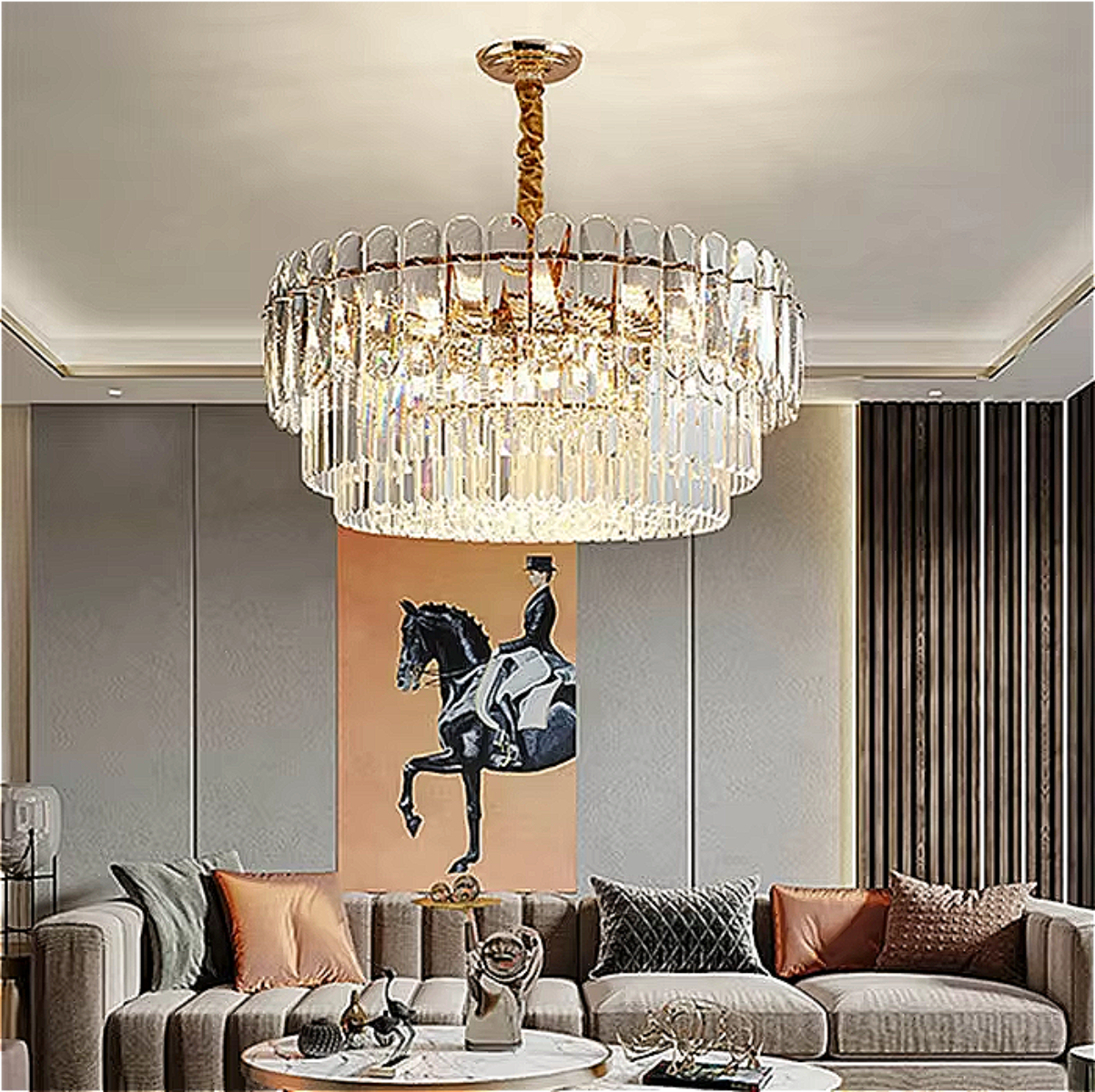 Tiered crystal chandelier in modern luxury living room — gold statement lighting for high-ceiling interiors, contemporary glamour décor, and grand lounges | LINKORI WAPOLO room setting