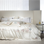 Romantic floral bedding set featuring hand-embroidered blush and powder blue flowers on cream satin cotton