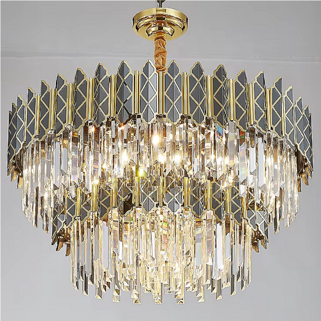 Art Deco crystal chandelier with geometric diamond lattice and 18 E14 lights - luxury statement lighting for great room and formal dining room