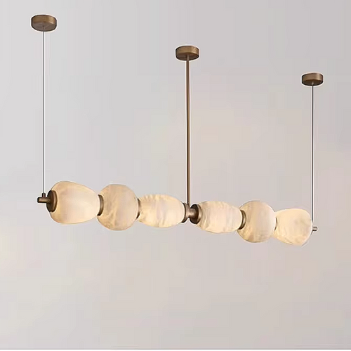 Natural alabaster pebble pendant light with organic stone texture and bronze linear frame – sculptural luxury chandelier by LINKORI