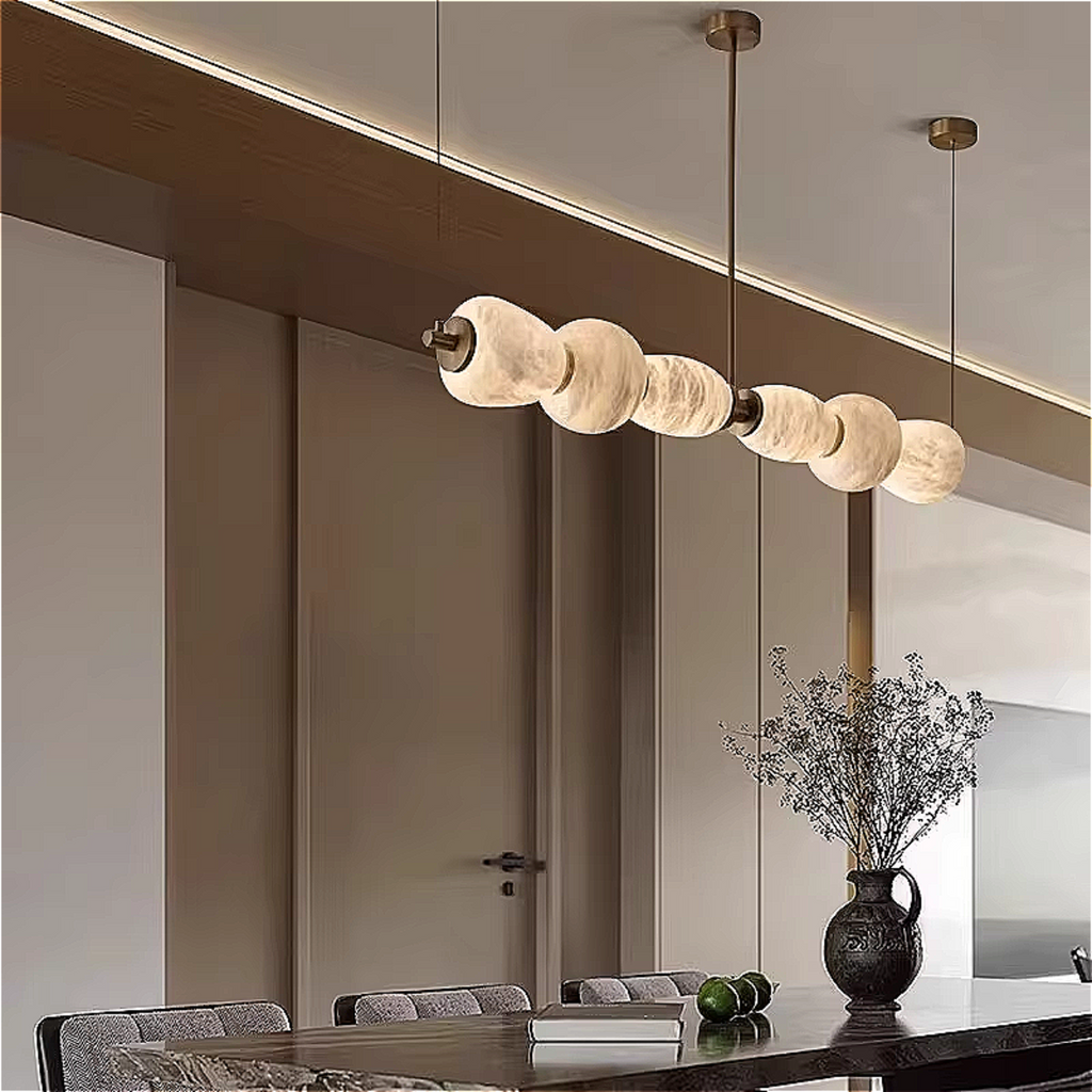 Luxury alabaster chandelier in modern luxury dining room, 6-light linear pendant lighting over dining table, copper frame ceiling fixture – LINKORI