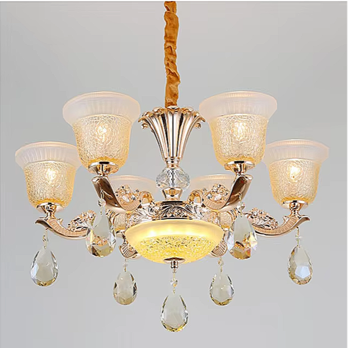 Vintage gold crystal chandelier with etched glass shades, dining room interior view — LINKORI TULLIPH