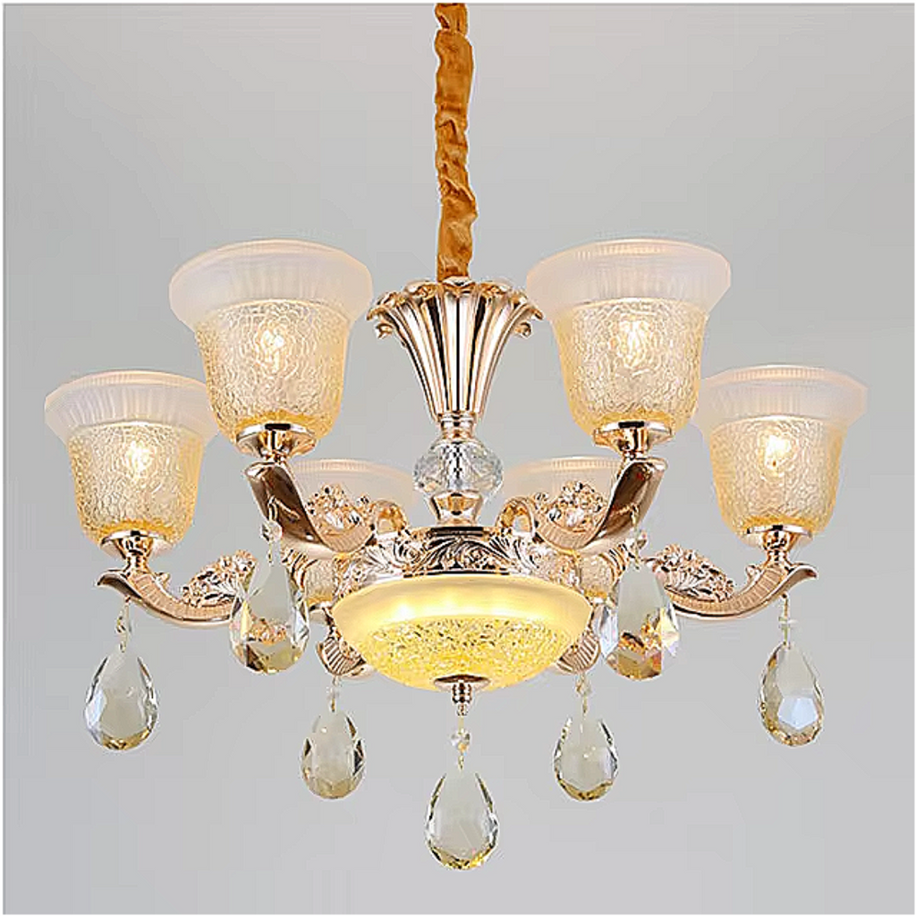 Luxury Vintage Crystal Chandelier – 8-Light Glass Pendant with Etched Shades for Dining Room & Living Rooms