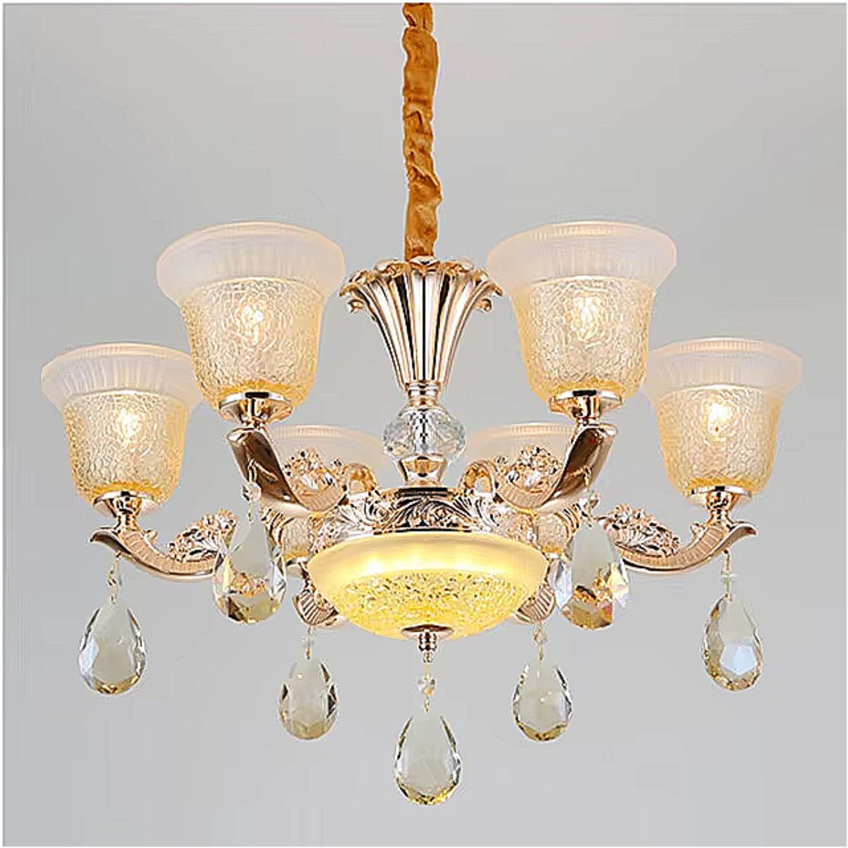 Luxury Vintage Crystal Chandelier – 8-Light Glass Pendant with Etched Shades for Dining Room & Living Rooms