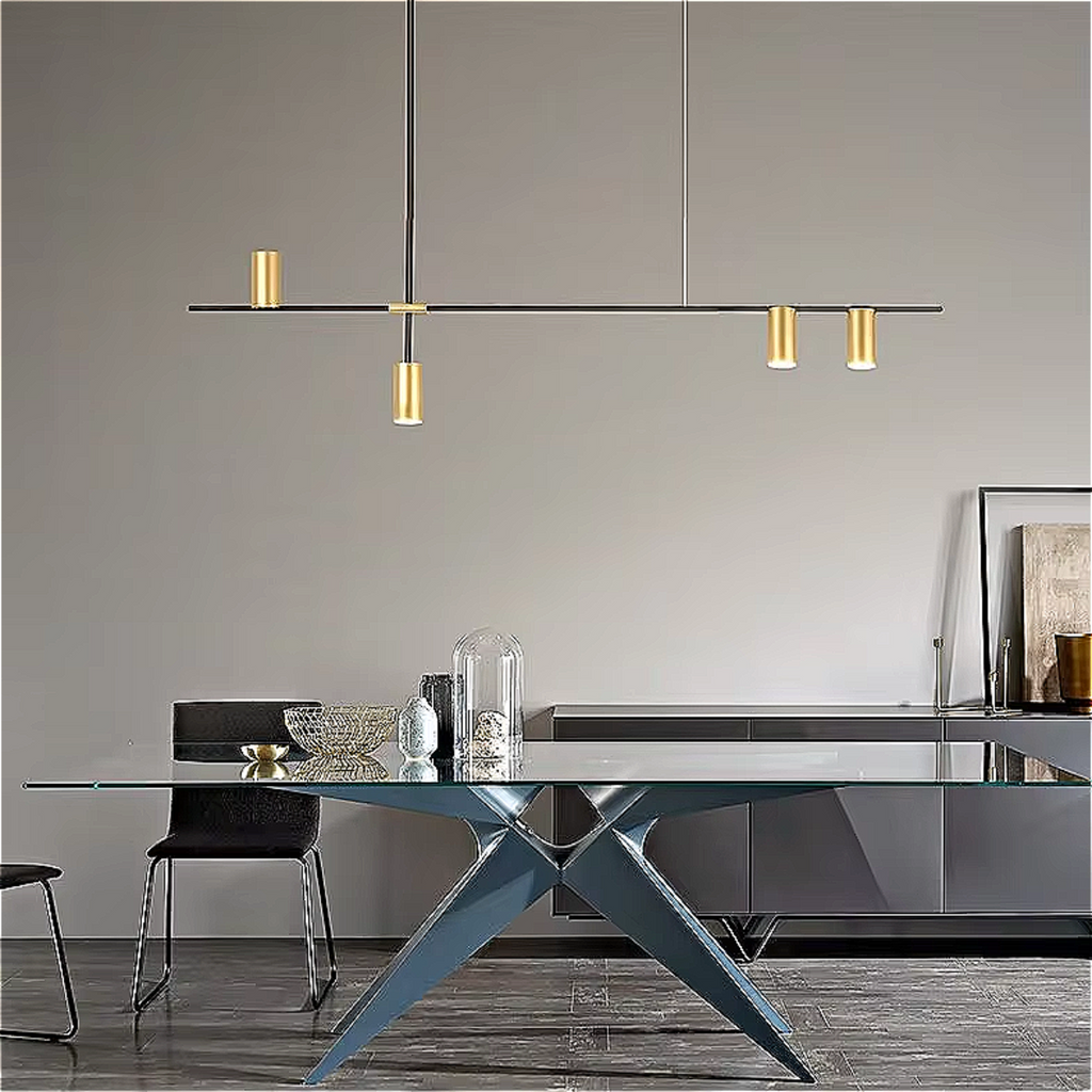 Modern linear chandelier dining room ceiling light fixture with black iron frame gold cylinder pendants LED lighting LINKORI PRETAL