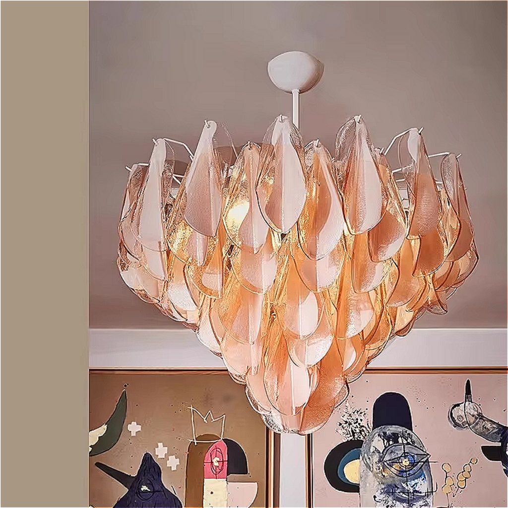 Murano glass chandelier with sculptural pink teardrop discs and hand-blown design — a certified luxury pendant light for modern interiors.