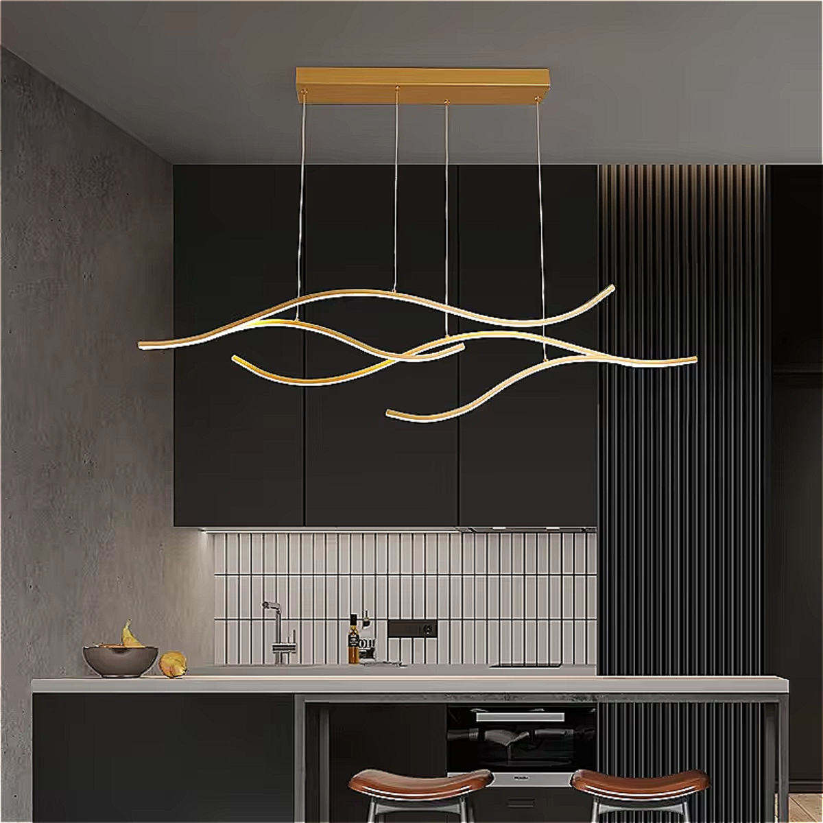Elegant modern classic kitchen featuring LINKORI CHULLENG S. gold wave chandelier with soft warm lighting over dining space.