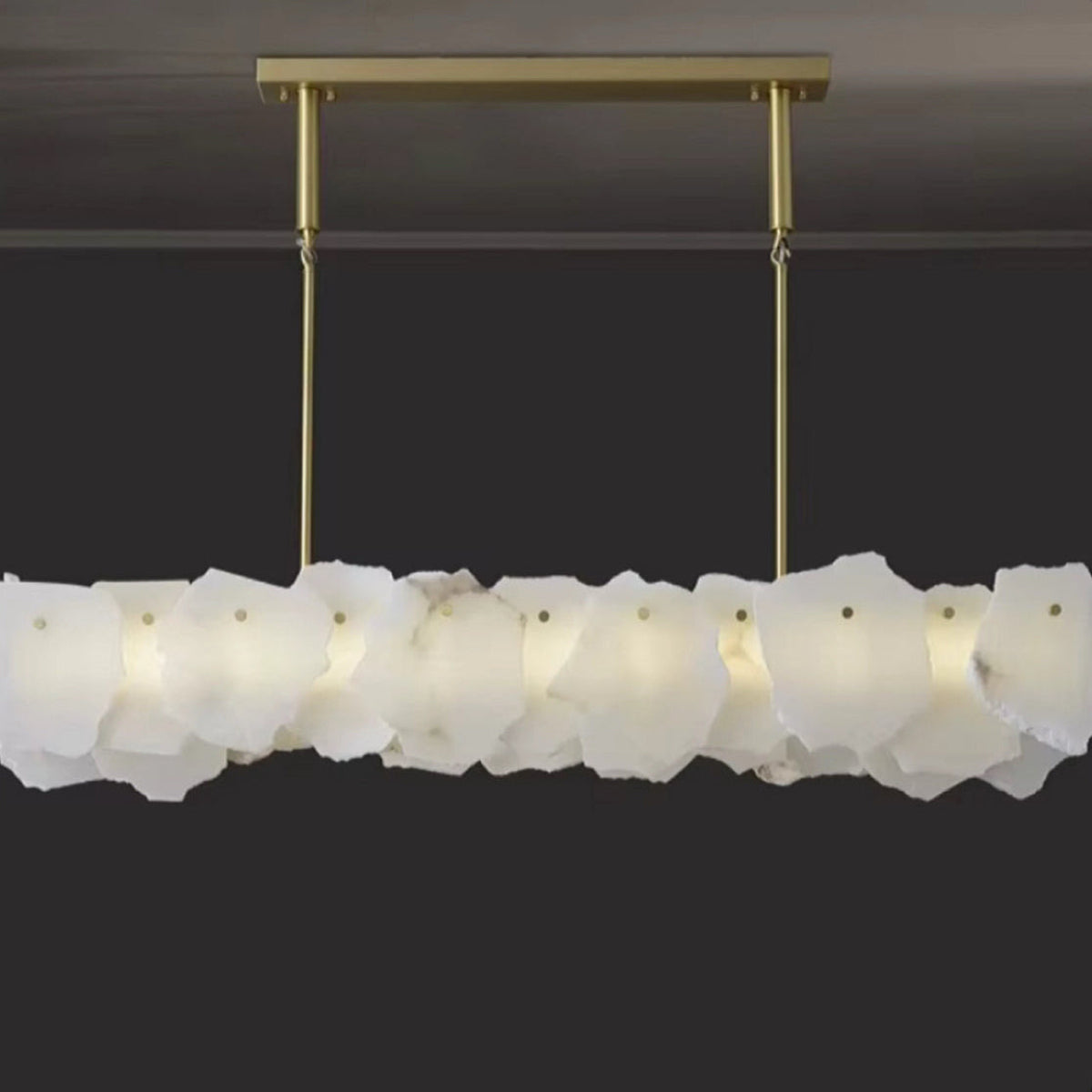 Alabaster long pendant light, polished gold hardware, 47.2" model, statement modern chandelier, LED 6000K — open-plan living/dining — LINKORI SQUATRA