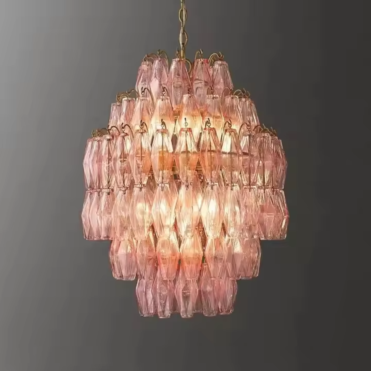 Pink Murano glass chandelier with sculptural crystal layers in a modern interior – vintage-inspired luxury pendant light for elegant homes | LINKORI TRELLON

