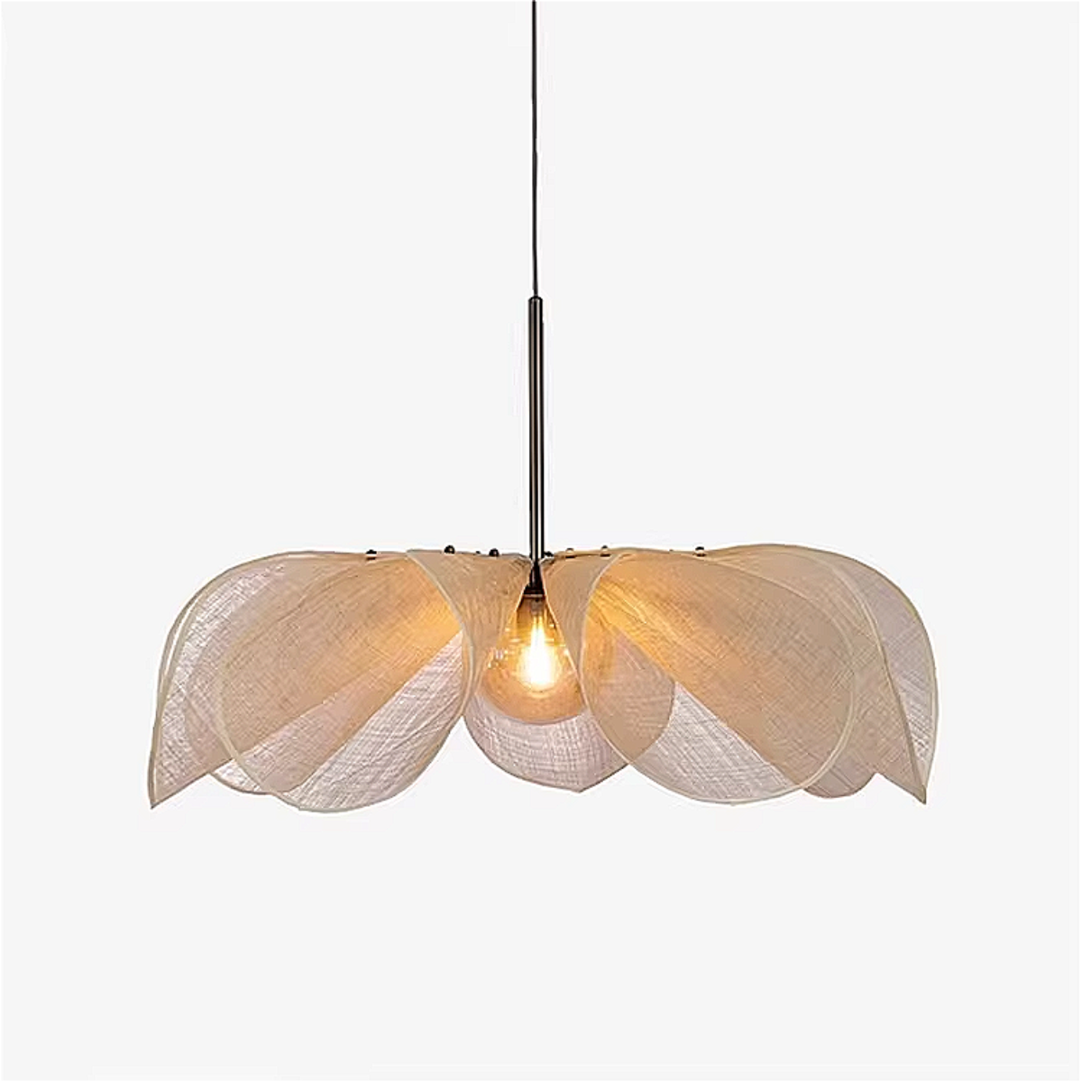 Isolated PETALIQ Embrace chandelier with layered natural fiber petals – Japandi-inspired hanging light sculpture | LINKORI PETALIQ Embrace