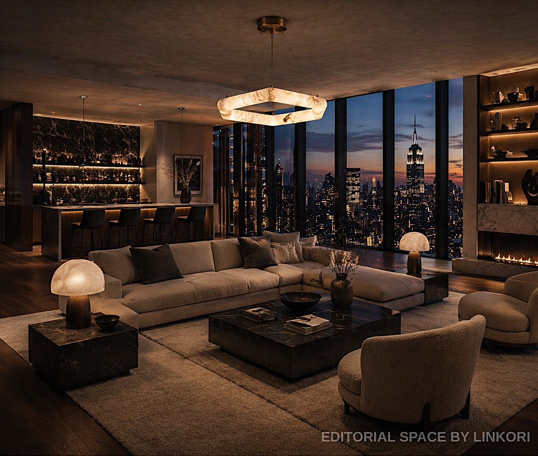 Modern alabaster chandelier - luxury penthouse lighting, ring pendant with skyline view contemporary living room LINKORI AURALITH