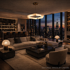 luxury penthouse interior lighting alabaster geometric ring chandelier warm ambient modern living space LINKORI AURALITH