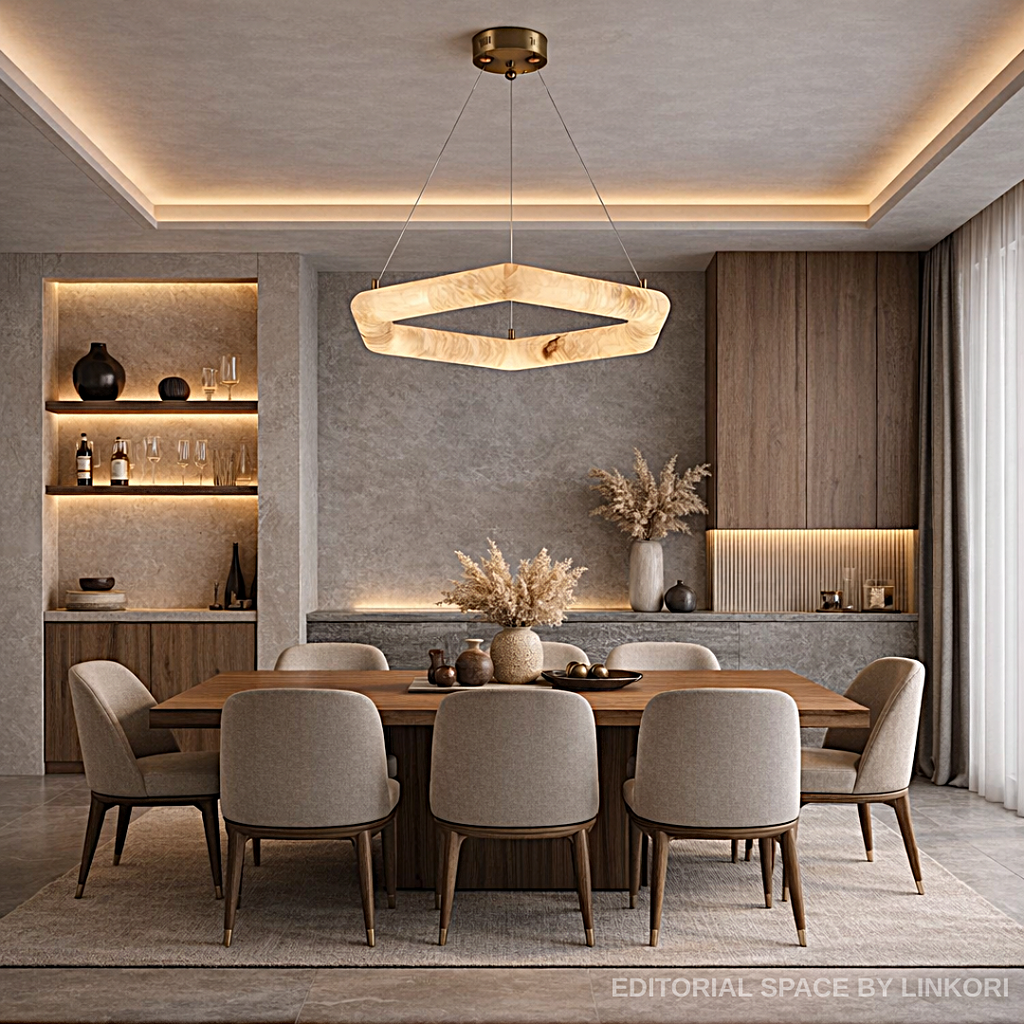 modern alabaster pendant light geometric ring chandelier neutral beige interior dining space LINKORI AURALITH