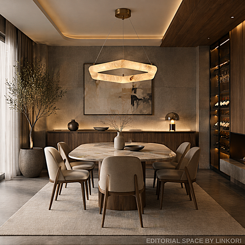 alabaster ring chandelier modern sculptural pendant light warm ambient glow dining room interior LINKORI AURALITH