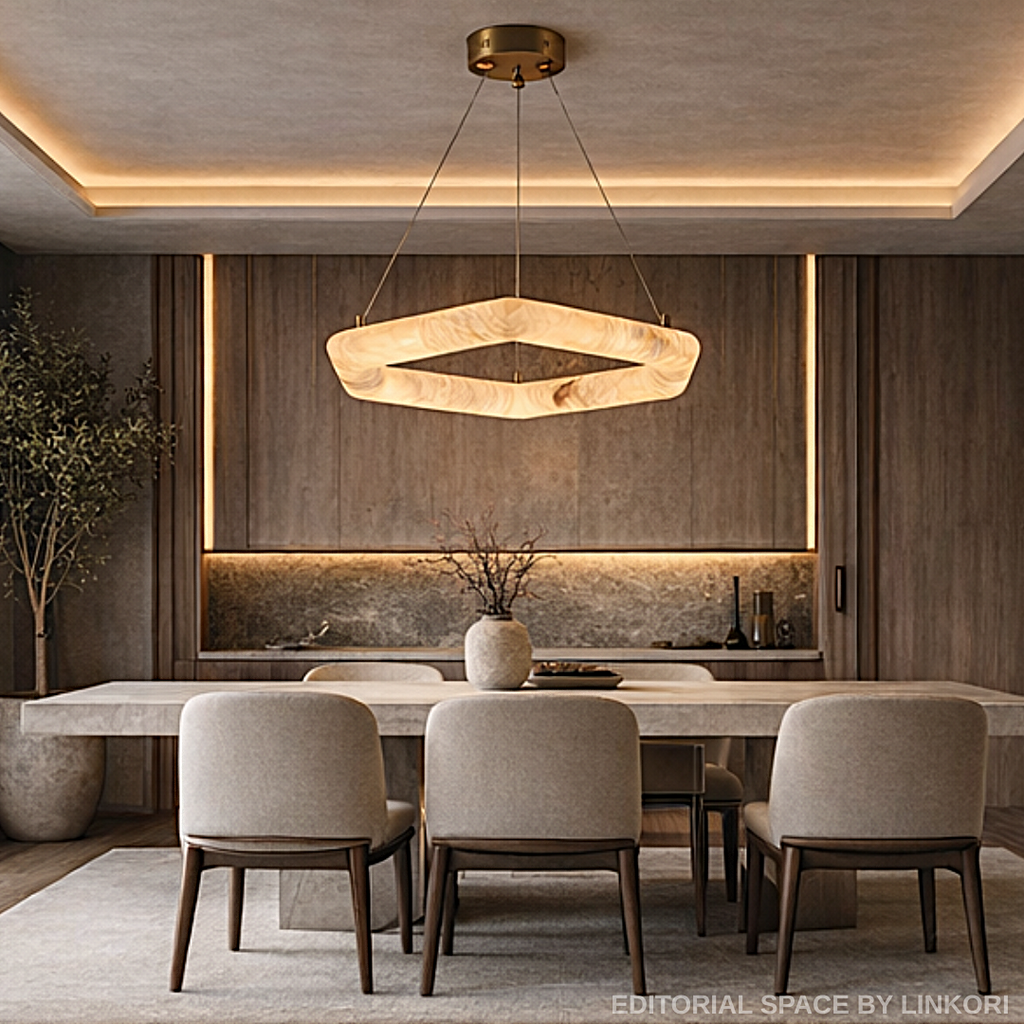 luxury alabaster ring chandelier modern ceiling light warm ambient dining space LINKORI AURALITH