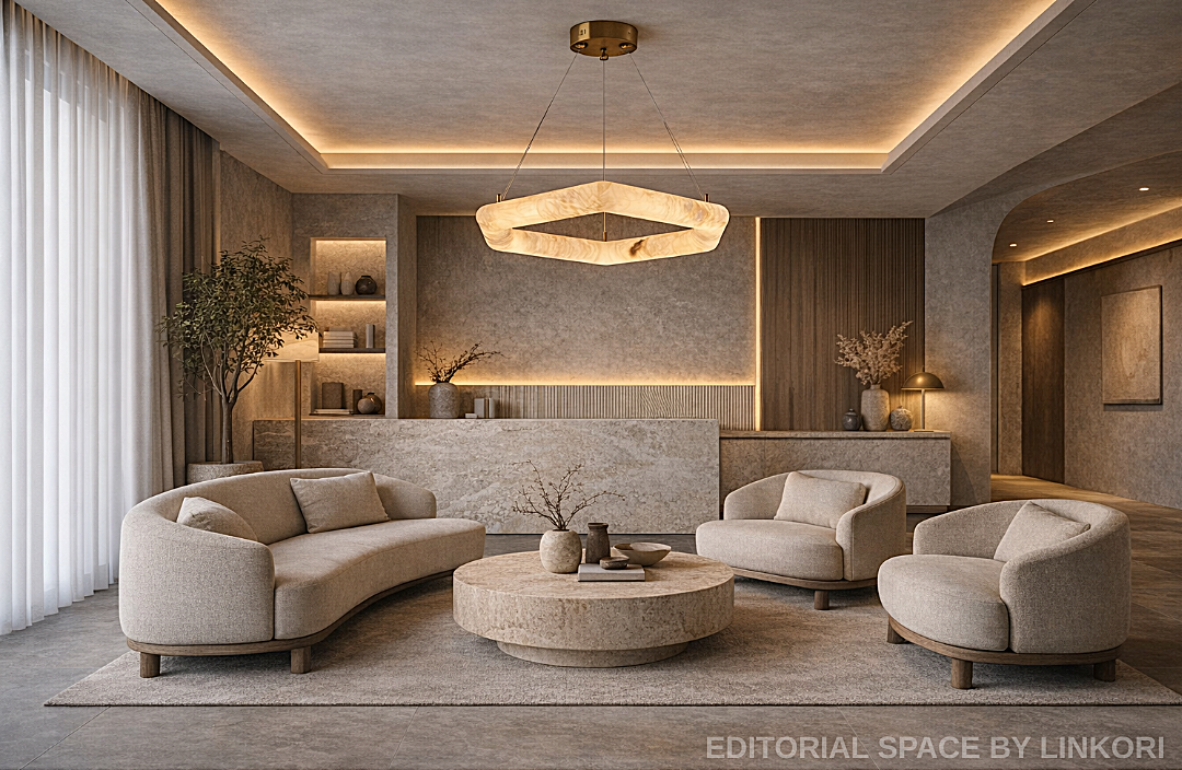 spanish alabaster pendant light sculptural ring chandelier neutral tone modern interior lighting LINKORI AURALITH