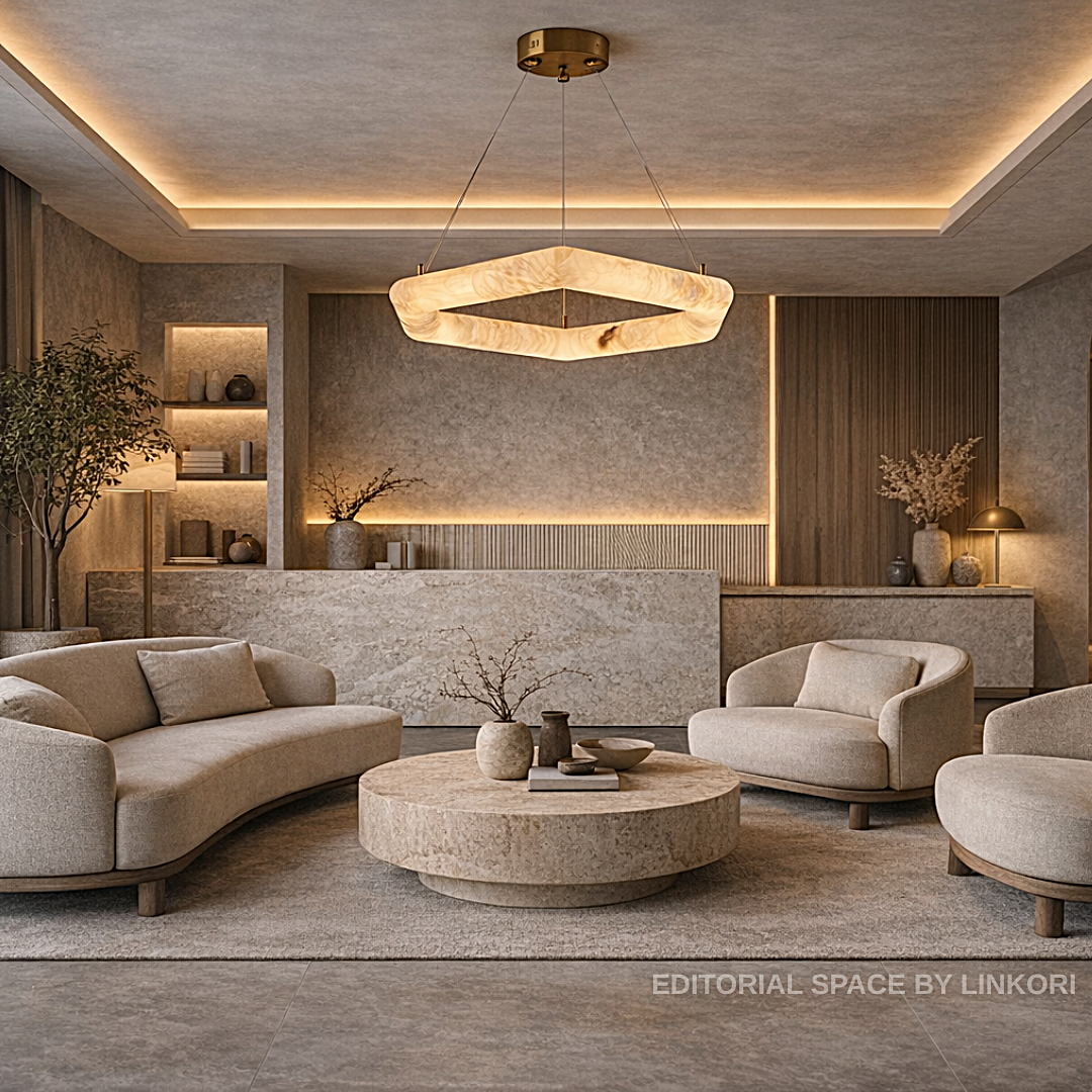 modern alabaster pendant light geometric ring chandelier neutral beige interior living room LINKORI AURALITH