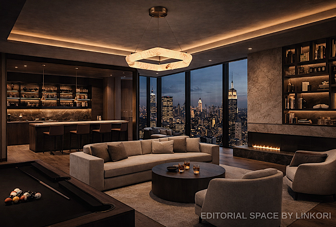 luxury penthouse lighting alabaster chandelier modern living room LINKORI AURALITH