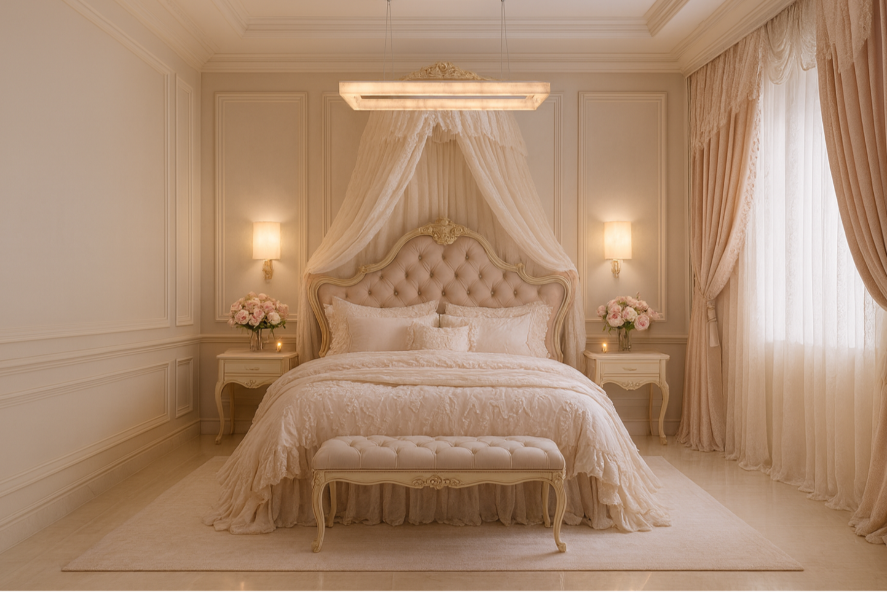 hand-carved alabaster marble chandelier hanging in a romantic bedroom
