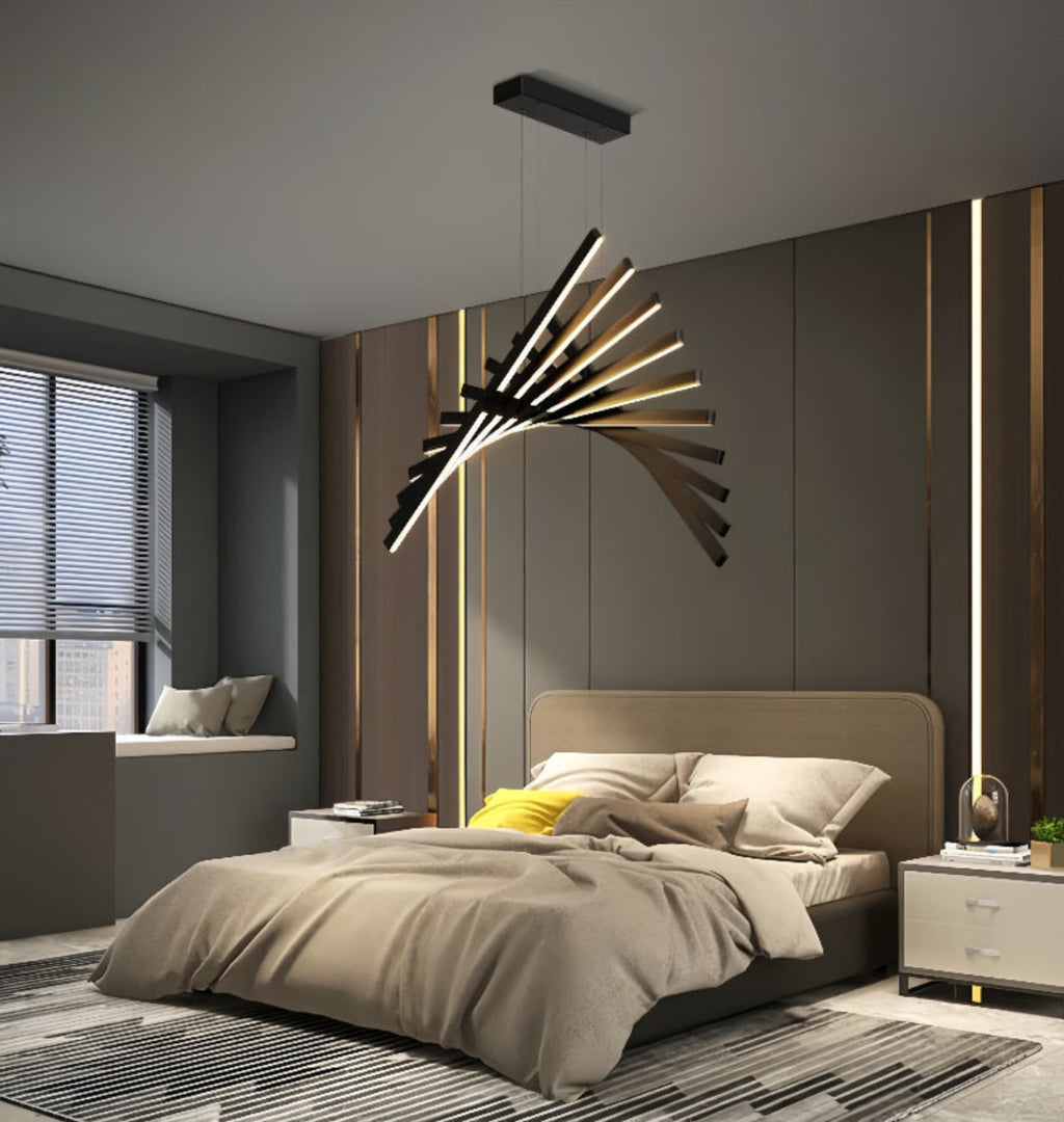 Black Stick LED Chandelier in Contemporary Bedroom – Adjustable Artistic Lighting Above Bed | LINKORI