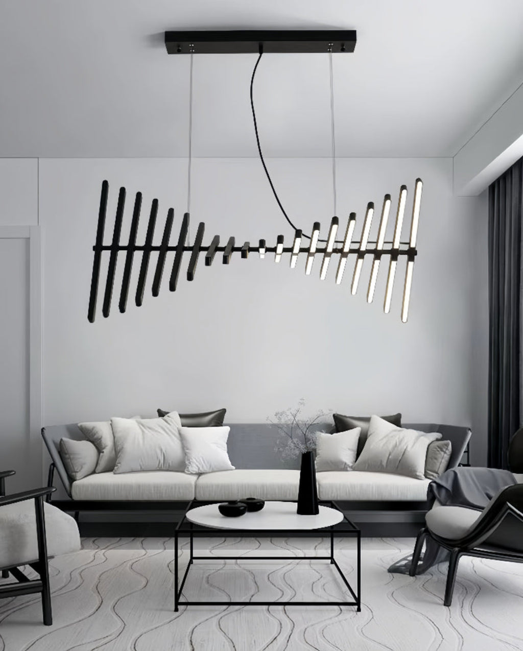 Minimal Black Pendant Light in Modern Open Living Space – 20-Light Adjustable Chandelier by LINKORI