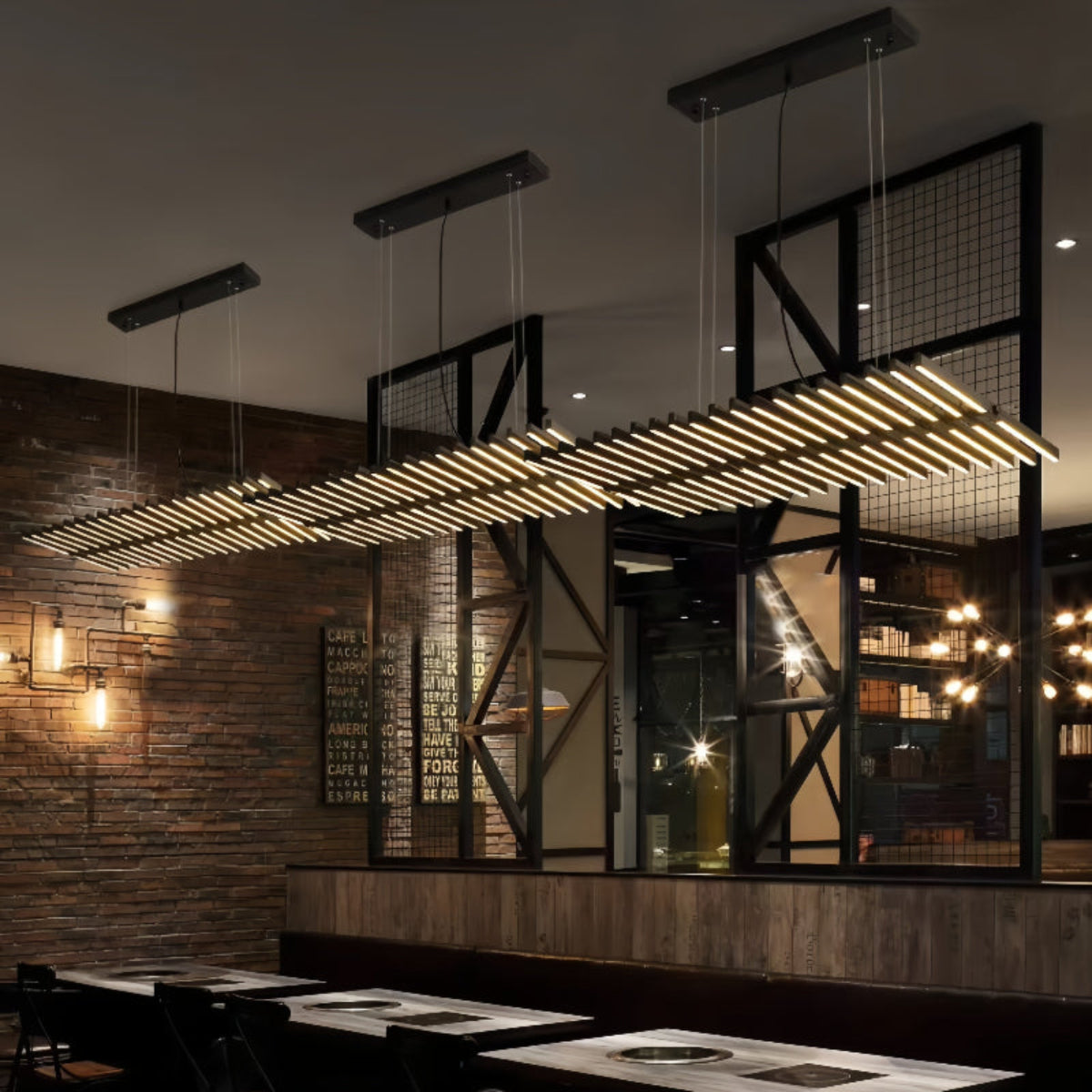 Architectural Black LED Pendant Lighting in Upscale Restaurant Setting – LINKORI Custom Flex Chandelier