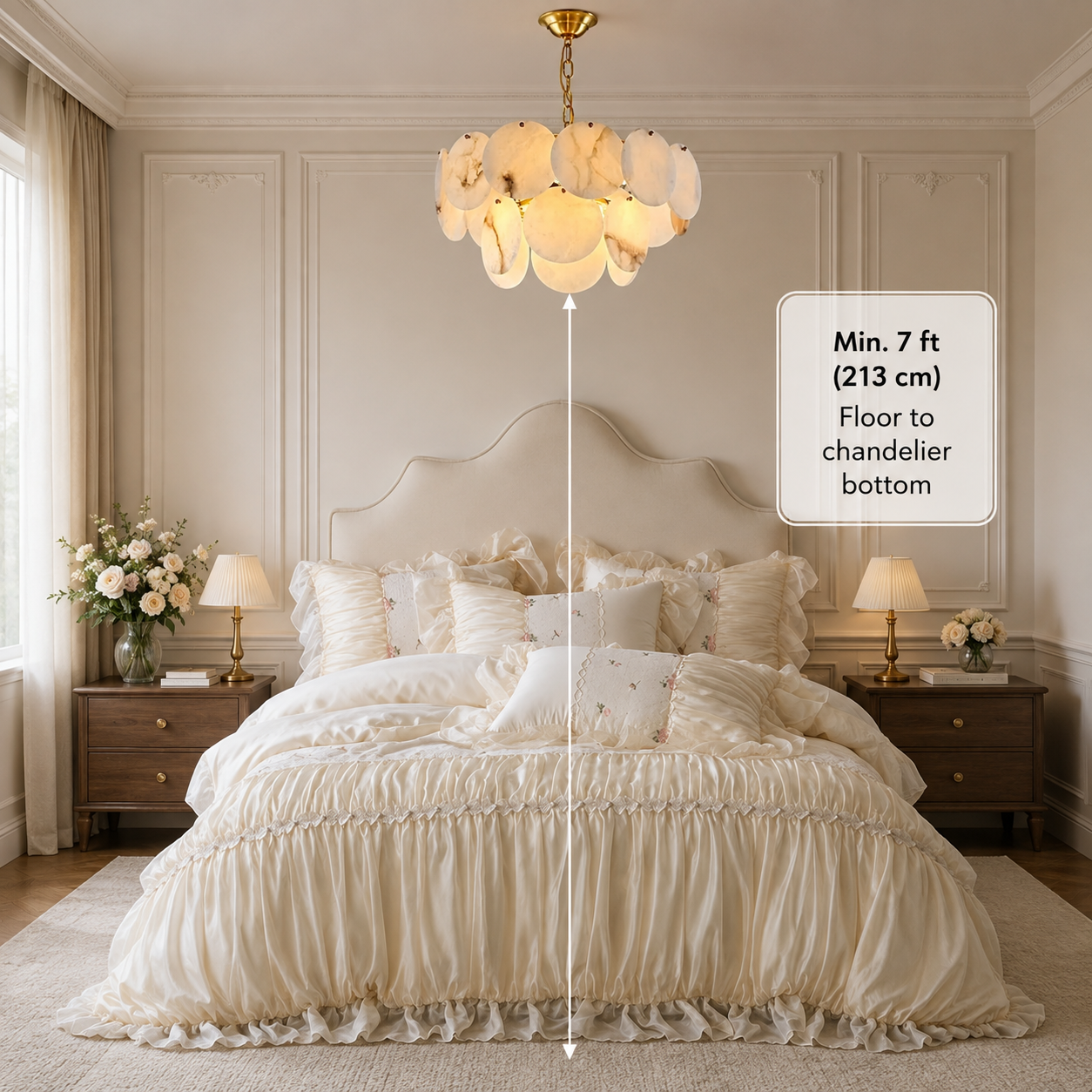 Bedroom chandelier size, hanging height, and placement guide for lighting over the bed or center of the room - LINKORI