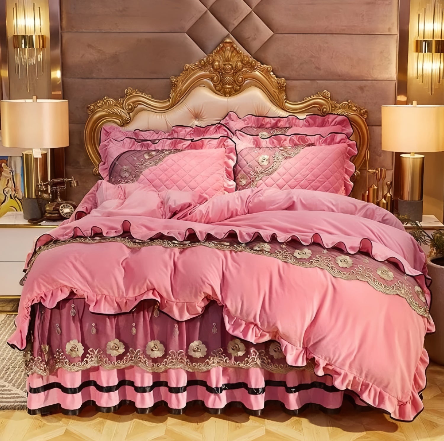Embroidered blush pink velvet bedding with intricate golden florals, modern luxury bedroom design