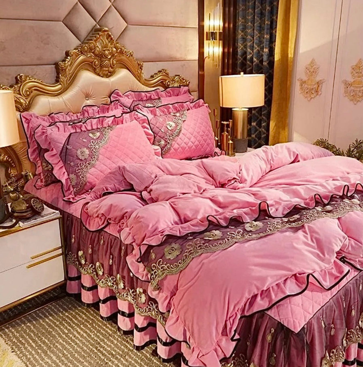 Blush pink velvet duvet cover with cascading ruffles and gold embroidery, romantic bedroom decor