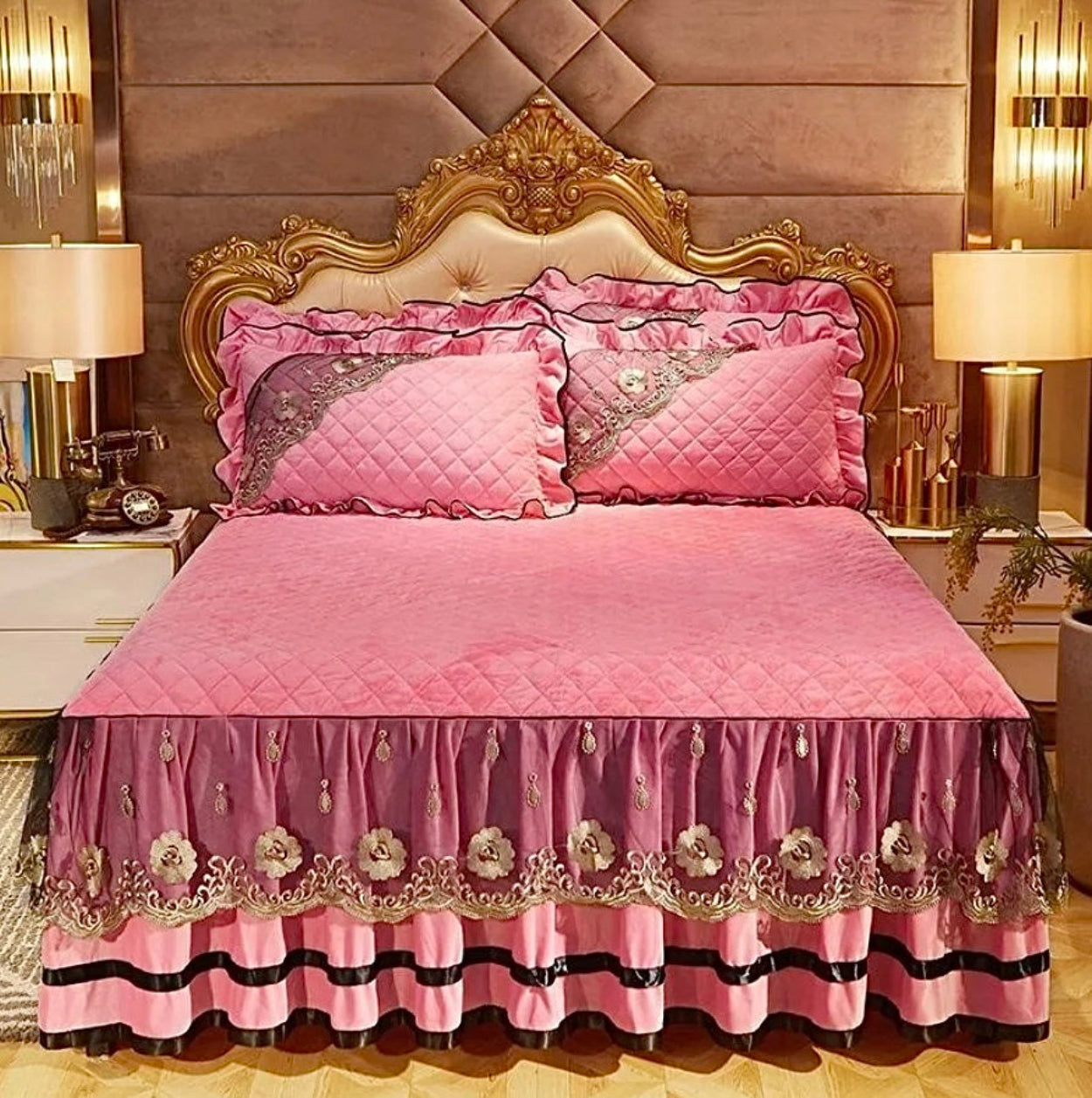 Romantic blush pink velvet bedding set, LINKORI The Velvet quilted fleece with palace elegance