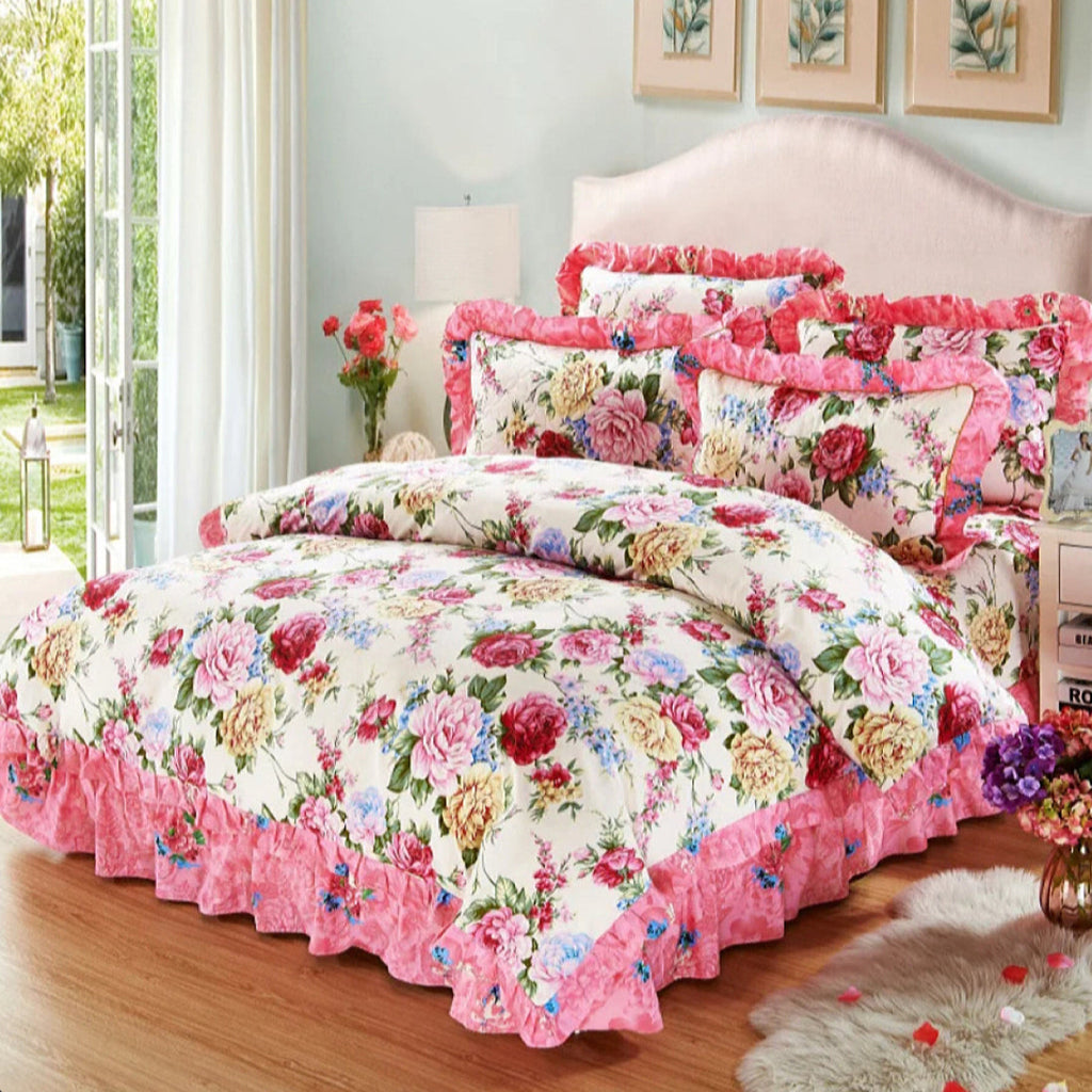 Bold colorful rose floral bedding with pink ruffled trim, 100% cotton duvet cover set styled for cottagecore bedrooms – LINKORI Rosanova
