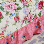 Cottagecore bedroom featuring bold rose floral bedding, 100% cotton duvet cover with pink ruffled skirt – LINKORI Rosanova