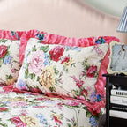 French country bedroom with ivory and pink floral ruffled bedding, colorful rose cotton duvet cover set – LINKORI Rosanova